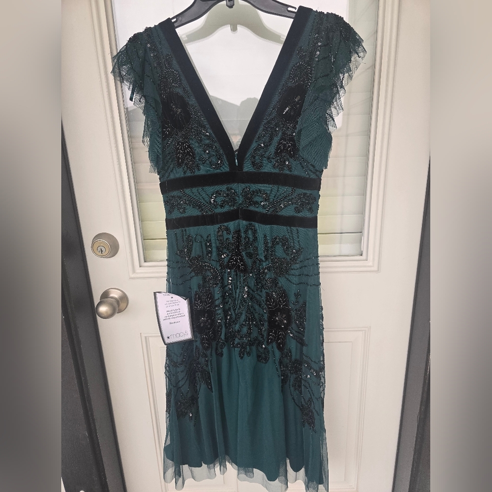 $799 Adrianna Papell Velvet-Trim Embellished Midi Bead Mesh Dress Sz 2 Old Money - Picture 7 of 16